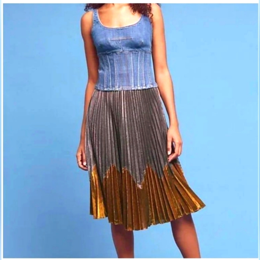 NEW ANTHROPOLOGIE HD Paris Magdalena Pleated Metallic Midi Skirt Silver & Gold L - Picture 2 of 9